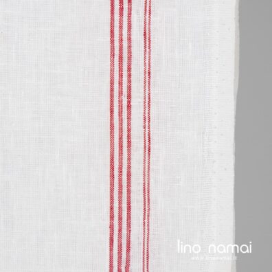 Lininis rankšluostinis audinys raudonomis juostelėmis pieno baltumo fone