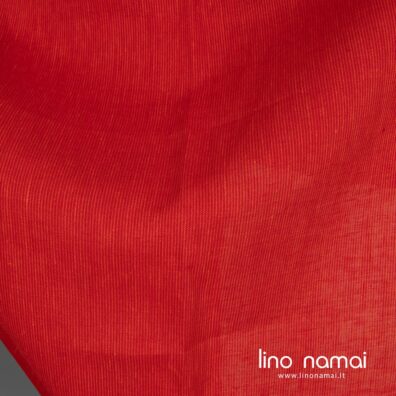 Raudonas lininis audinys oranžiniais dryžiais drabužiams, namų tekstilei siūti