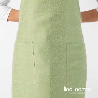 Šviesiai žalia lino-medvilnės prijuostė su kišenėmis