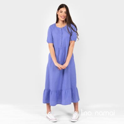Lininė violetinė suknelė trumpomis rankovėmis