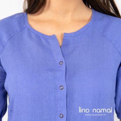 Lininė violetinė suknelė su spaudžių užsegimu