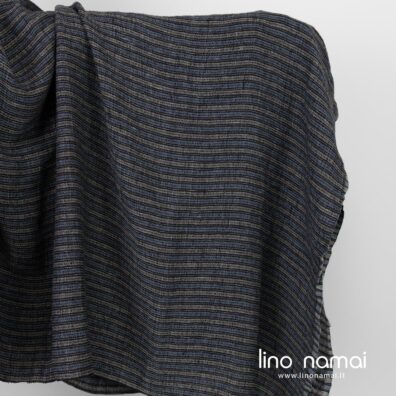 Lininis audinys „vaflinis“ juodai-mėlynai dryžuotas skalbtas