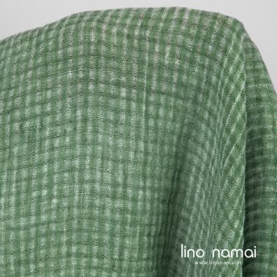Lininis audinys žalias ažūriniais langeliais staltiesėms, užuolaidoms, šalikams, skaroms, lengviems drabužiams siūti