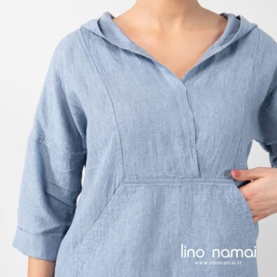 Lininė mėlyna suknelė su didele kišene priekyje