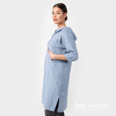 Lininė mėlyna suknelė su 3/4 rankovėmis, skeltukais šonuose