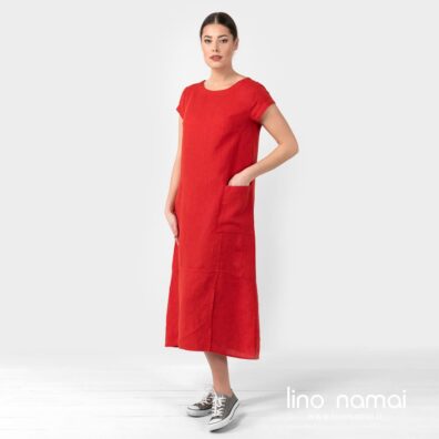 Lininė raudona suknelė su kišenėmis šonuose