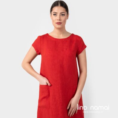 Lininė raudona suknelė trumpomis rankovėmis