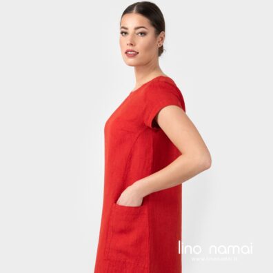 Suknelė iš raudonai dryžuoto minkšto specialiai skalbto 100% lino audinio