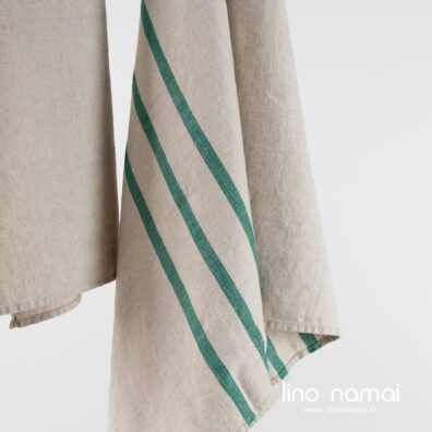 Žaliai-pilkai dryžuotas lino-medvilnės rankšluostis iš minkšto švelnaus skalbto audinio