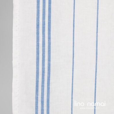 Lino-medvilnės audinys pieno baltumo mėlynais dryžiais virtuvės rankšluostukams siūti