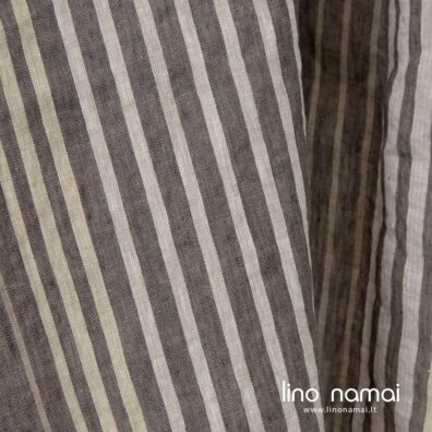 Lininis audinys rusvais, gelsvais, alyviniais dryžiais skalbtas drabužiams ir namų tekstilei siūti