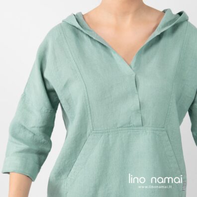 Lininė žalsva suknelė su 3/4 rankovėmis