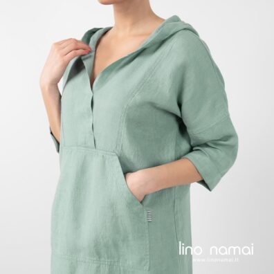 Lininė žalsva suknelė su didele kišene priekyje