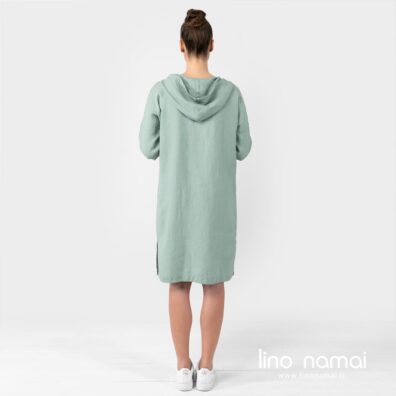 Lininė žalsva suknelė su gobtuvu