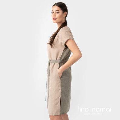 Lininė rusva suknelė trumpomis rankovėmis