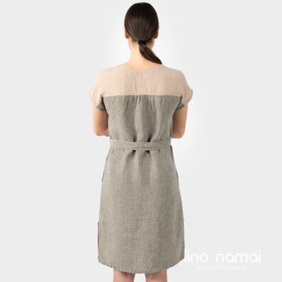 Lininė dvipusė suknelė iš rusvo ir pilkšvo-rudai žalio melanžinio audinio