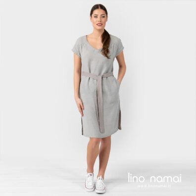 Lininė pilka suknelė su skeltukais šonuose