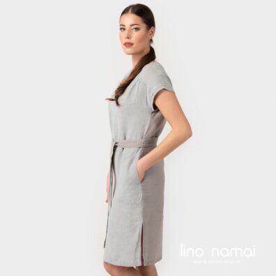 Lininė pilka suknelė su kišenėmis