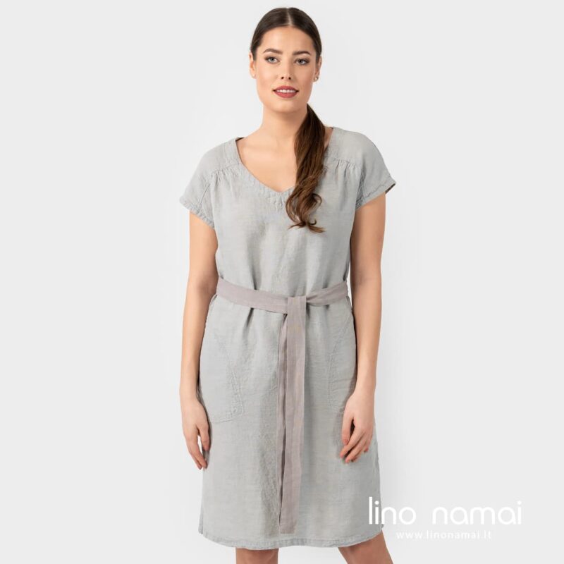 Lininė pilka suknelė su diržu