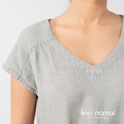 Lininė pilka suknelė trumpomis rankovėmis