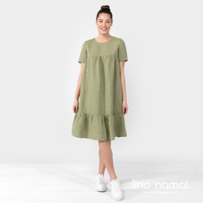 Lininė žalsva suknelė laisva platėjanti siekianti kelius