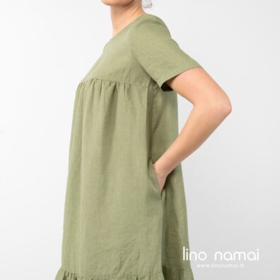 Lininė žalsva suknelė trumpomis rankovėmis, su kišenėmis