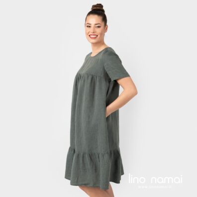 Lininė tamsiai pilka suknelė su paraukimu ties krūtine ir apačioje