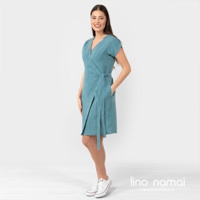 Lininė turkio spalvos suknelė surišama diržu