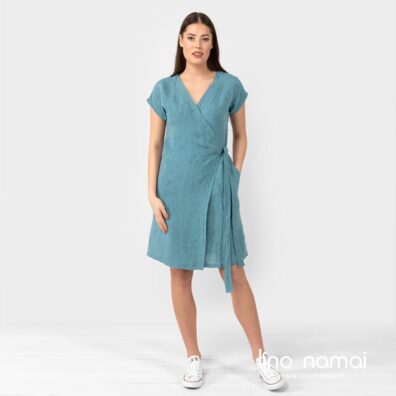 Lininė turkio spalvos suknelė susiaučiama