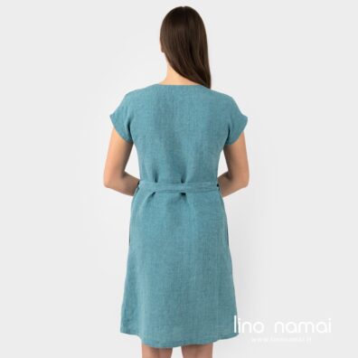 Lininė turkio spalvos suknelė, nugaros pusė