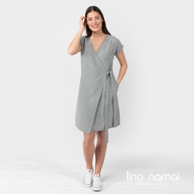 Lininė šviesiai pilka suknelė, susiaučiama, siekia kelius