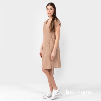 Lininė rusva suknelė susiaučiama, siekia kelius