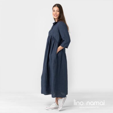Lininė tamsiai mėlyna suknelė su kišenėmis