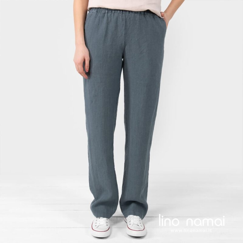 Laisvos tiesios melsvai pilkos vasarinės kelnės i&scaron; 100% lino
