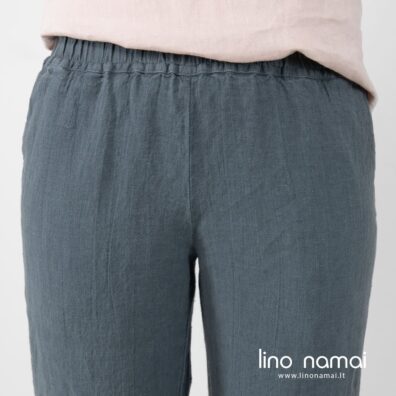 Lininės kelnės melsvai pilkos su guma juosmenyje