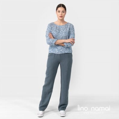 Lininės kelnės melsvai pilkos ir gėlėta palaidinė BLUET