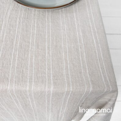 Lininė skalbto audinio staltiesė su siauromis baltomis raštuotomis juostelėmis
