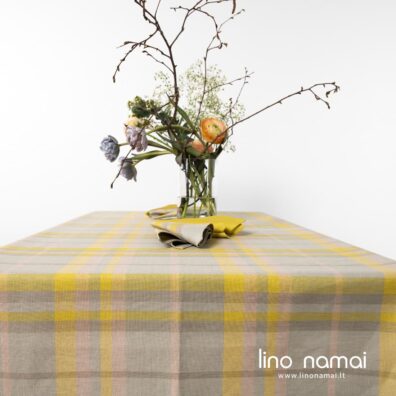Pilkai-geltonai languota lino-medvilnės staltiesė
