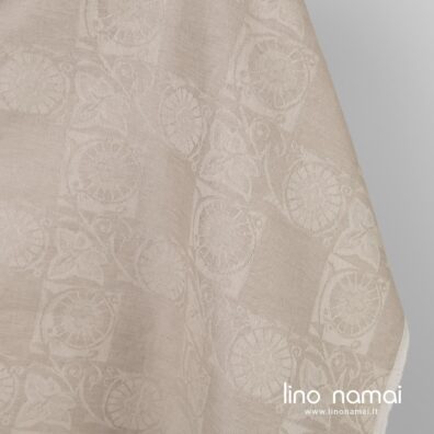 Puslininis žakardinis rusvas audinys drabužiams, namų tekstilei siūti