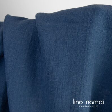 Puslininis audinys mėlynas raštuotas skalbtas drabužiams, namų tekstilei siūti