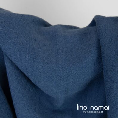 Mėlynas lino - medvilnės audinys „eglutės“ raštu