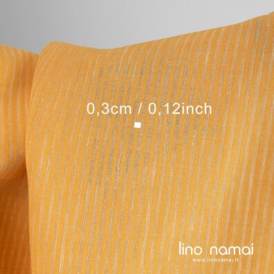 Geltonas lininis audinys tankiais ir permatomais vertikaliais dryžiukais