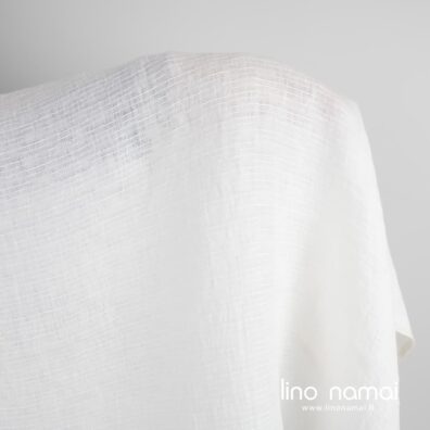 Baltas lininis audinys su dryžiukais skalbtas lengviems drabužiams, staltiesėms, užuolaidoms siūti