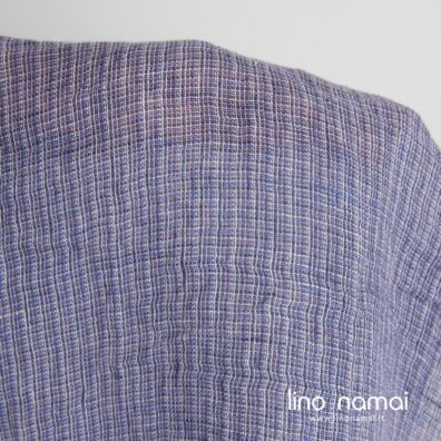 Lininis audinys permatomas violetiniais langeliais skalbtas užuolaidoms, šalikams, skaroms siūti