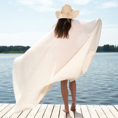 Lino - medvilnės paplūdimio rankšluostis rusvas dryžuotas