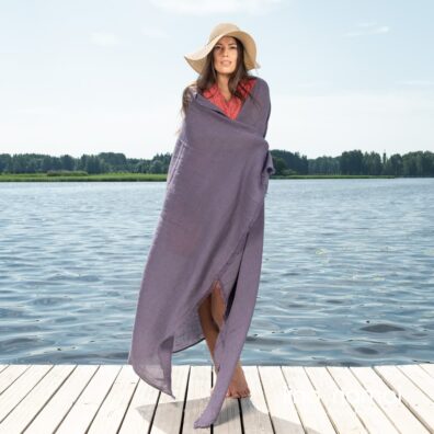 Lininis violetinis paplūdimio rankšluostis