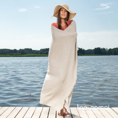 Lininis pilkas raštuotas paplūdimio rankšluostis