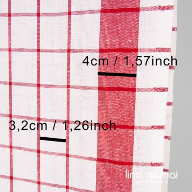 Lino - medvilnės audinys langeliais iš ryškiai baltų ir raudonų verpalų tinka virtuvės rankšluosčiams siūti