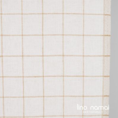 Lininis audinys rusvais ir gelsvai baltais langeliais virtuvės rankšluosčiams siūti