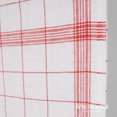 Lininis audinys raudonai-baltai languotas virtuvės rankšluostukams siūti